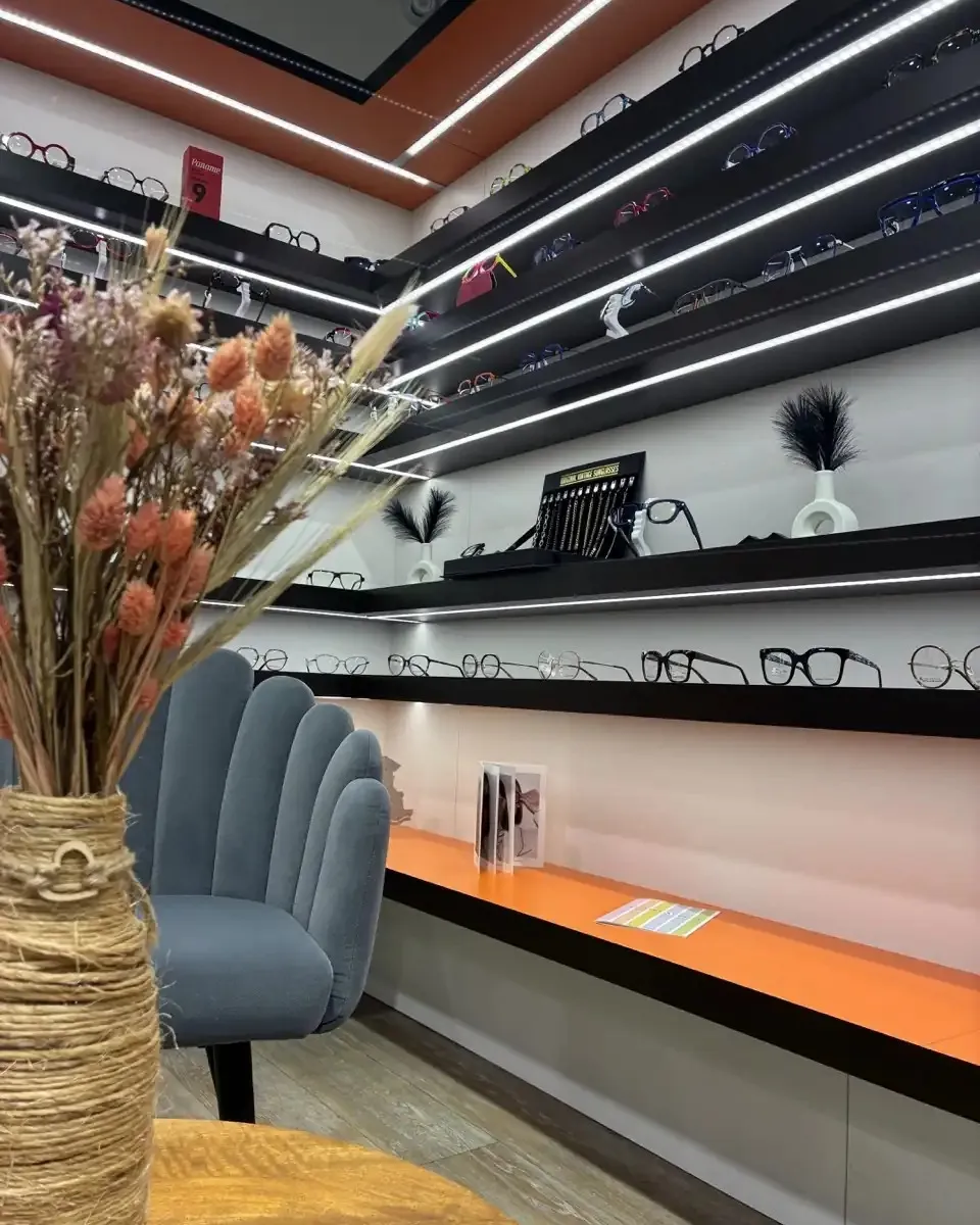 Fauteuil bleu et bouquet de fleurs séchées devant les étagères de montures